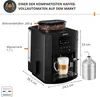A black Krups coffee machine with a glass of latte on the drip tray, and various dimensions and features labeled. Podgląd zdjęcia produktu