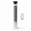 A white tower fan and its remote control are displayed against a white background. Produktbild-Vorschau
