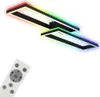 A modern, rectangular ceiling light fixture with integrated LED lighting that can change colors, shown with its remote control. Produktbild-Vorschau