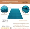 A teal shaggy rug is shown with close-up views of its texture and a corner detail, along with descriptive text about its features. Anteprima dell’immagine prodotto