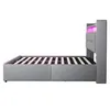 Side view of a gray upholstered bed frame with wooden slats and LED lighting. Produktbild-Vorschau