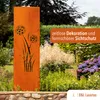 A rusty metal garden screen with a dandelion design in a garden setting. Produktbild-Vorschau