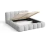 A grey upholstered bed frame with its storage mechanism open, revealing the wooden slats and storage compartment. Produktbild-Vorschau