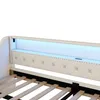 Close-up view of a beige upholstered bed frame with integrated LED lighting. Náhled obrázku produktu