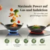 Two woks on a stovetop, one on gas and one on induction, with food ingredients flying around. Produktbild-Vorschau
