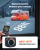 A camper van in a snowy landscape, with a remote control in the foreground and a digital display of temperature. Produktbild-Vorschau