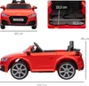 A collage of images showing a red children's electric car from different angles, with dimensions indicated. Produktbild-Vorschau