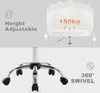 A split image showing the top half of a white office chair with marketing text and icons, and the bottom half showing the base of the chair with casters. Produktbild-Vorschau