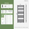A diagram showing the dimensions and specifications of a towel radiator, alongside a table of available sizes and their corresponding heating areas. Produktbild-Vorschau