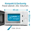 A white microwave oven with its door open, showing dimensions and feature highlights. Produktbild-Vorschau