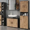 A modern bathroom vanity set with a sink, mirror, and storage cabinets. Produktbild-Vorschau