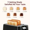 A toaster with two slices of toast in it, surrounded by images of toast at different browning levels. Produktbild-Vorschau