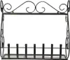 A black metal wall shelf with decorative scrollwork at the top and a slatted base. Náhľad obrázku produktu