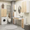 A modern bathroom with a washing machine, toilet, sink, and cabinets. Produktbild-Vorschau