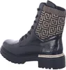 A side view of a black lace-up boot with a patterned cuff. Voir les images du produit
