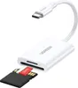 A white Ugreen USB-C card reader with an SD card partially inserted. Náhľad obrázku produktu