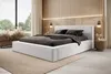 A modern bedroom with a white upholstered bed and dark gray bedding, set against a wood-paneled wall and large window. Produktbild-Vorschau