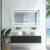 A modern bathroom vanity with a large LED mirror, two sinks, and a view of the ocean through a window. Podgląd zdjęcia produktu