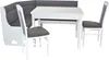 A white dining set with a corner bench and two chairs, on a white background. Produktbild-Vorschau