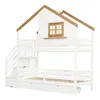 A white and natural wood bunk bed with a house-like design, featuring stairs with storage and drawers underneath. Náhled obrázku produktu
