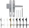 A collection of door handles and related hardware in various colors, displayed against a white background. Produktbild-Vorschau
