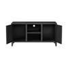 A black TV stand with two doors open, showing the interior shelves and compartments. Voir les images du produit