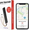 A product shot of a GPS tracker next to a smartphone displaying a map and an alert. Náhled obrázku produktu