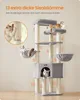 A multi-level cat tree with cats on it, featuring text highlighting its features. Produktbild-Vorschau