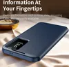 A dark blue flip case for a smartphone is shown on a textured surface, with text overlay describing its features. Náhled obrázku produktu