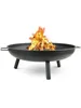 A black metal fire pit with a fire burning inside, set against a white background. Produktbild-Vorschau