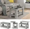 A collage of images showing a lift-top coffee table in a living room setting and in different configurations. Voir les images du produit