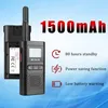 A walkie-talkie with its battery and charging base, alongside marketing text highlighting its features. Anteprima dell’immagine prodotto