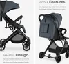 A split image showing a stroller from two different angles, with descriptive text highlighting features and design. Náhled obrázku produktu