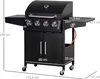 A black gas grill BBQ with dimensions indicated by text overlays. Produktbild-Vorschau