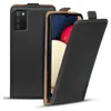 A black flip case for a Samsung Galaxy A02s phone is shown against a white background. The case is open, revealing the phone inside. Produktbild-Vorschau