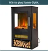 A black electric fireplace with a simulated flame effect and a log storage compartment. Produktbild-Vorschau