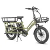 A studio shot of a green electric cargo bike with a front basket and a rear rack. Produktbild-Vorschau