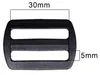 Abmessungen schwarzer Gurtversteller 38x27 mm aus Kunststoff – Skizze mit 30 mm Gurtbreite. Produktbild-Vorschau