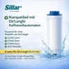 A water filter is shown with water splashing around it, against a light blue and white background with text overlays. Produktbild-Vorschau