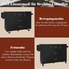 A split image showing a black kitchen island with a wooden top in two different modes: one with wheels for movement and another with feet for stability. Text describes the two modes. Produktbild-Vorschau