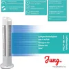 Product information and features for a tower fan, presented in a collage format with diagrams and text. Produktbild-Vorschau