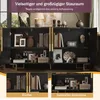 A black sideboard with gold accents, featuring open doors revealing shelves with books and decorative items. The image includes inset photos highlighting books and decorative accessories. Podgląd zdjęcia produktu