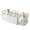 A white and wood loft bed with integrated storage and stairs, shown from a diagonal angle against a white background. Produktbild-Vorschau