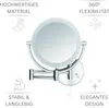 A wall-mounted cosmetic mirror with LED lighting and adjustable arm, presented with feature callouts. Produktbild-Vorschau