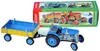 A toy tractor with a trailer and its packaging. Produktbild-Vorschau