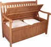 A wooden storage bench with its lid open, revealing two white cushions inside. The bench is made of wood and has a slatted backrest and armrests. Produktbild-Vorschau