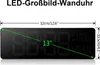 A digital wall clock with dimensions and feature callouts. Produktbild-Vorschau