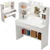 A white makeup vanity with LED lights and a mirror, displaying various cosmetic items and decorative objects. Náhled obrázku produktu