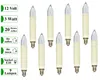 A set of nine candle-shaped light bulbs with cream-colored bases and clear glass tops, arranged in rows against a white background. To the left, there are green rectangular labels with white text indicating product specifications like voltage, wattage, and Produktbild-Vorschau
