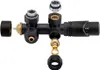 An exploded view of a black radiator valve set with gold fittings against a white background. Produktbild-Vorschau